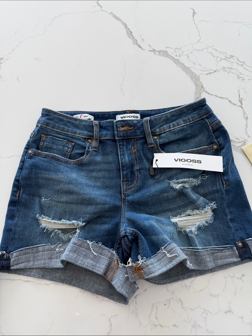 Vigoss Distressed Rolled Cuff Denim Shorts in Dark Blue Wash